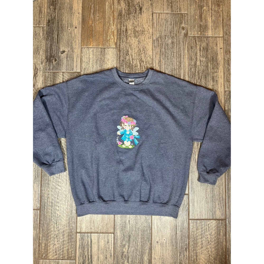 Gildan XL‎ Blue Fairy Embroidered Crewneck Sweatshirt Whimsical Top